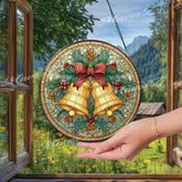 Christmas Bells Stained Glass Suncatcher, Round Holiday Window Panel with Holly, Pinecones and Red Bow, Festive Winter Home Decor Gift